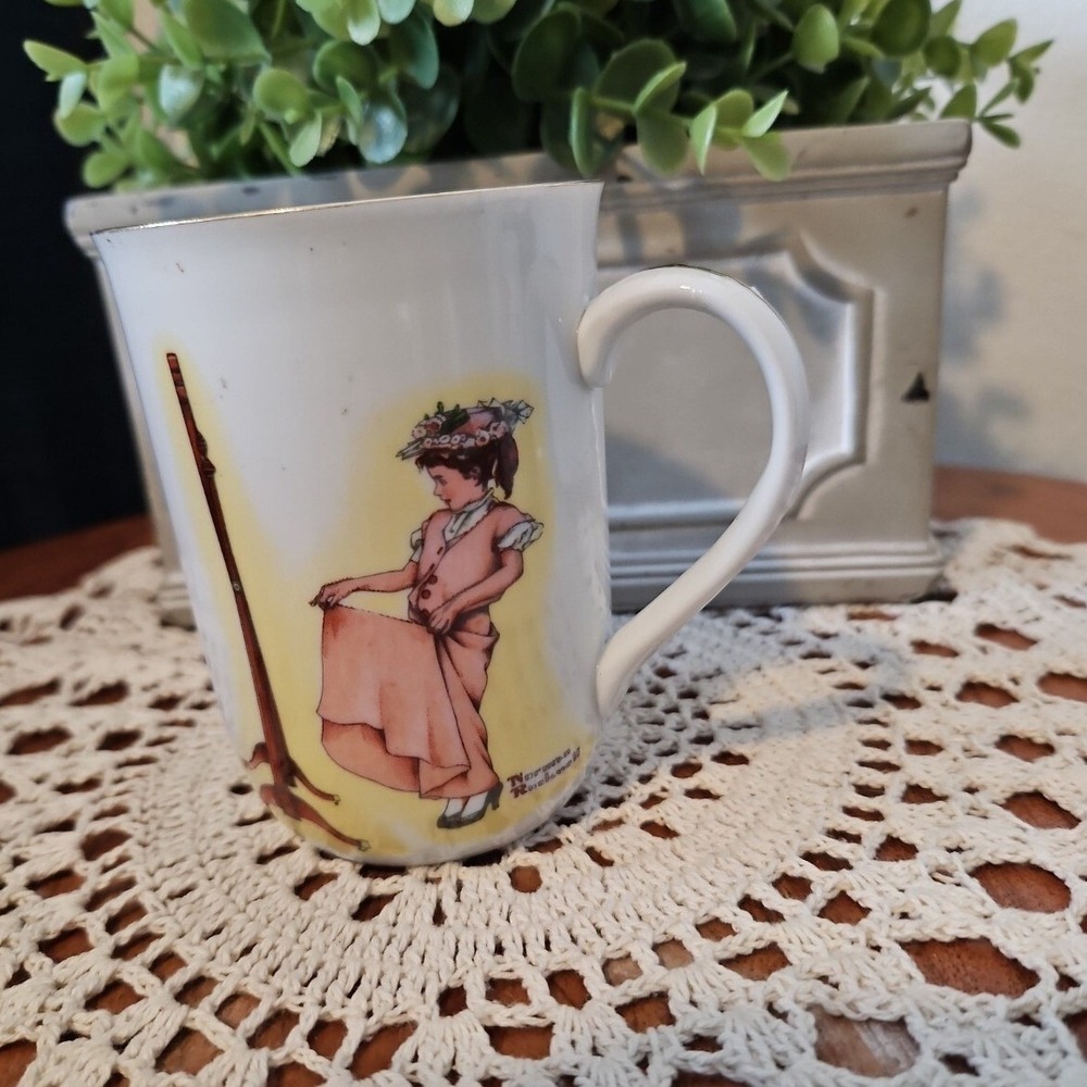 Norman Rockwell Mug Girl Pink Dress Floral Crown Artist Collectible Coffee Cup